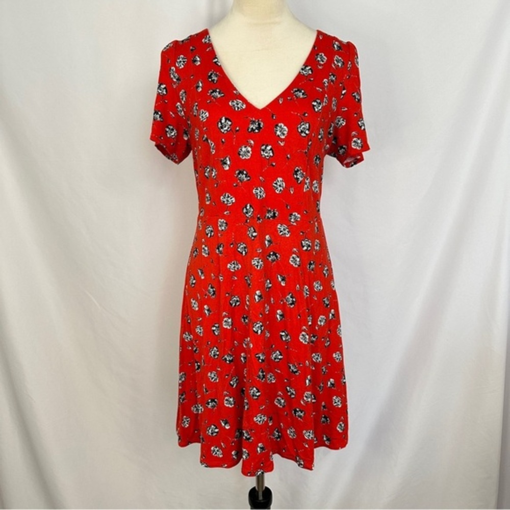 Philosophy Dress Womens Large Red Floral V-Neck Adjustable Lace Up Back Summer